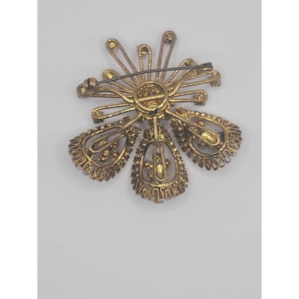 Vintage Brooch Starburst Blue Green Rhinestones Gold Tone Ornate Statement - Picture 10 of 16